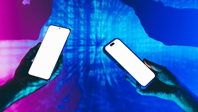 digital illustration of two people holding their phones together with bright background