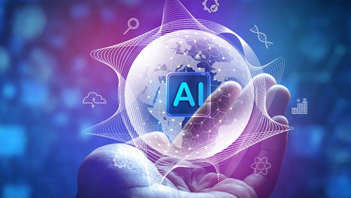 digital illustration of a hand holding a globe with AI over it