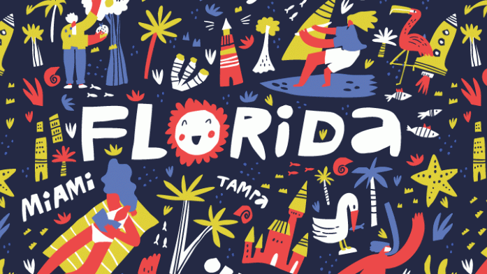 colorful illustration of the word florida with florida graphic elements around it.