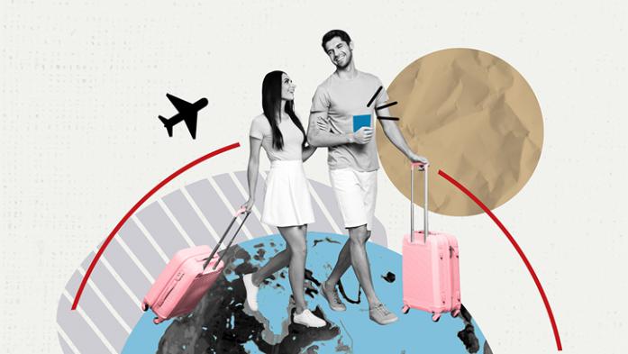 digital illustration of a couple traveling the globe
