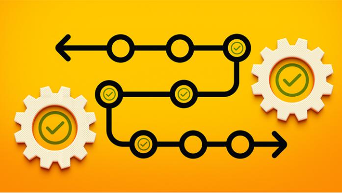 digital illustration of a flow chart with gears on yellow background