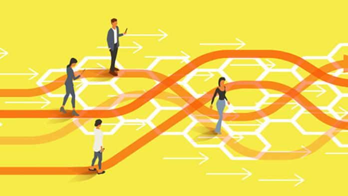 illustration of people walking on crossing lines in orange and yellow