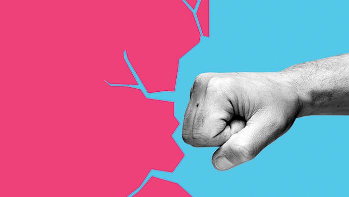 illustration of a fist punching and cracking through a bright pink wall