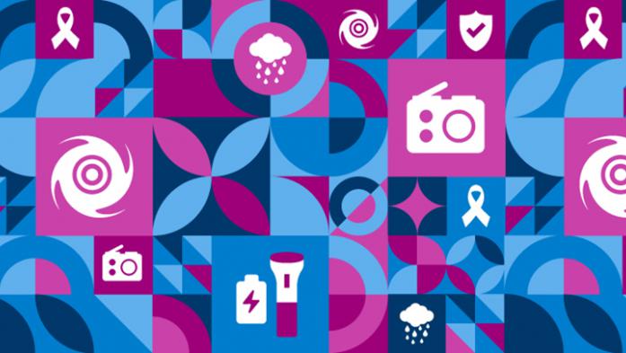 digital illustration of hurricane related icons in bright colors