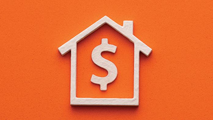 small wooden house shape with a dollar sign inside on orange background