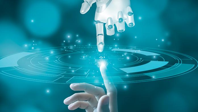 digital illustration of a human hand touching a robot hand