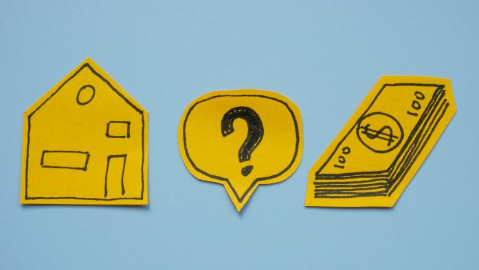 illustration of house, question mark, dollar bills