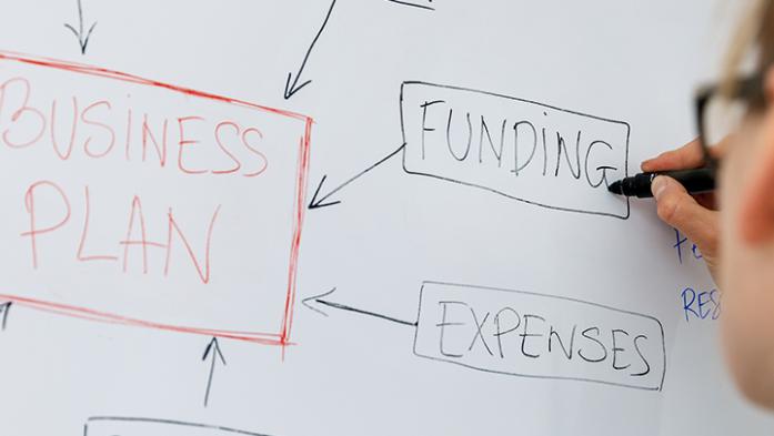Photo of woman writing business plan on white board