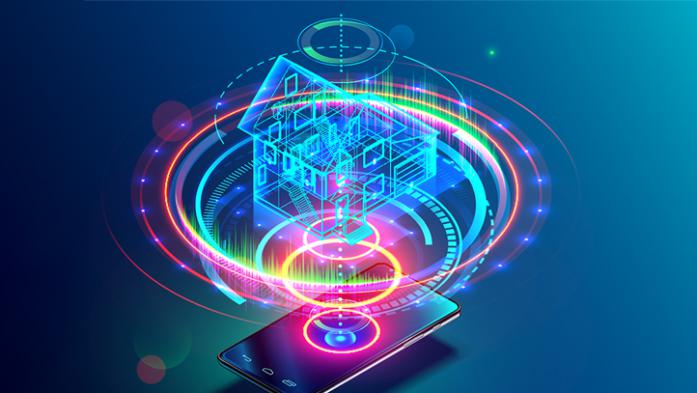 digital illustration of a home floor plan coming out of a phone