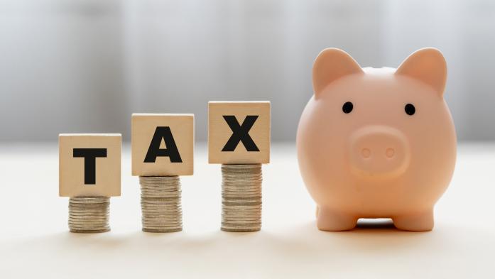 Pink piggy bank and wooden blocks with the word TAX on stack of coins. The concept about saving money and manage time to paying tax. Requesting tax deduction