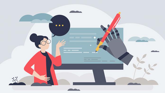 illustration of a person review content on a computer screen