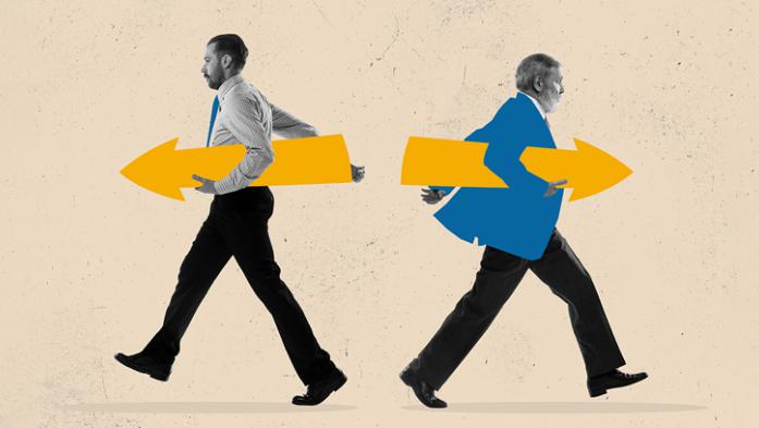 illustration of two business men holding arrows and walking in different directions