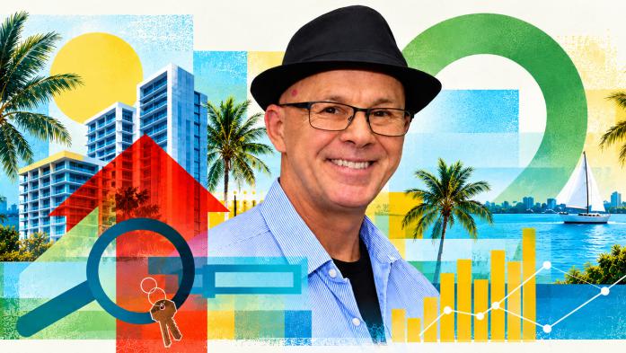 Collage of a florida city scap with Eric Larkin in the middle