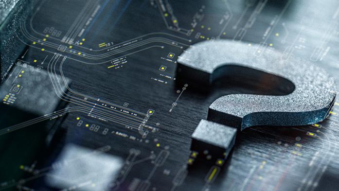 tech illustration of a question mark on a computer circuit board