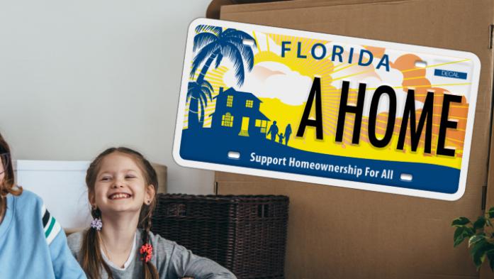 family in new home laughing with overlay of license plate