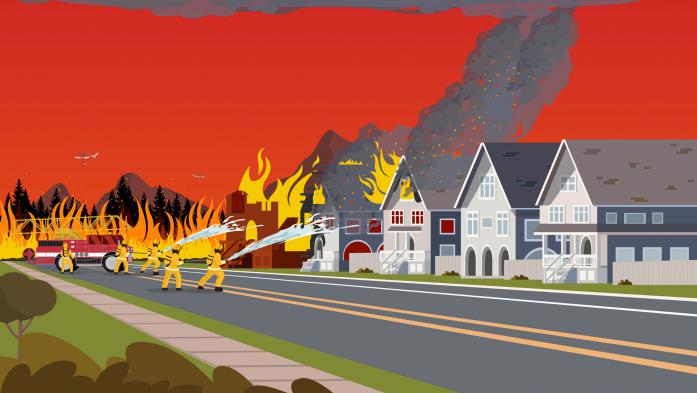 illustration of firefighters battling house fire