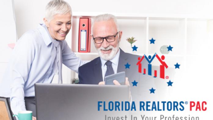 Man and woman with calculator and computer with Florida Realtors PAC logo