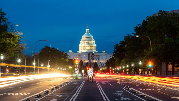 US Capitol building at night