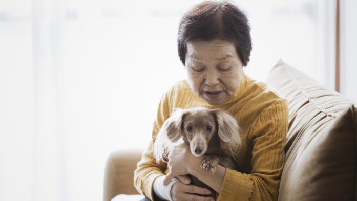 Woman with small dog in her lap