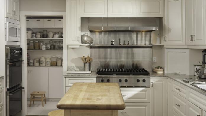 Luxury kitchen with wooden block table