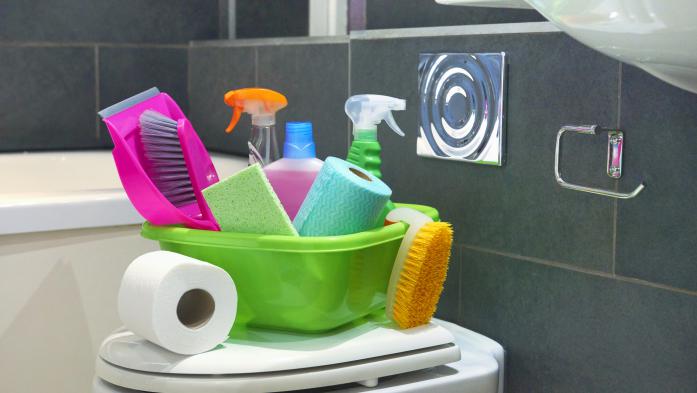 Cleaning products in a bathroom