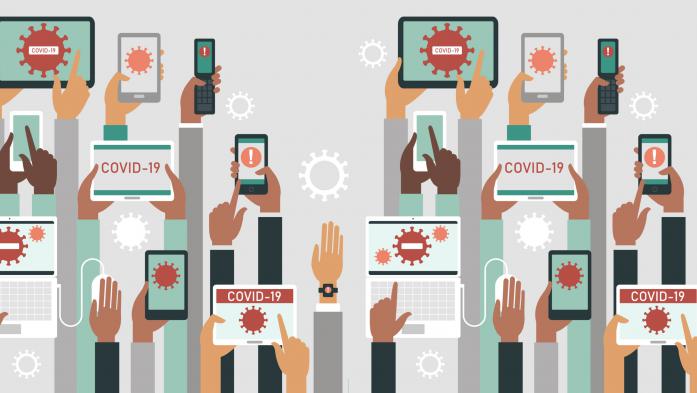 illustration of hands holding various electronic devices
