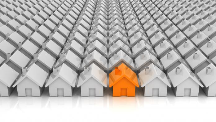 orange house in rows of white houses illustration