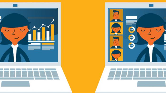 illustration of woman on a conference call with charts in background