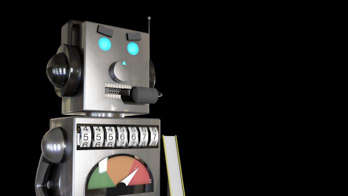 Robot with telephone headset making calls