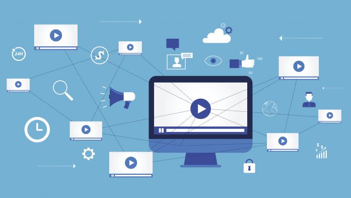Illustration of computer screen with video arrow and other icons