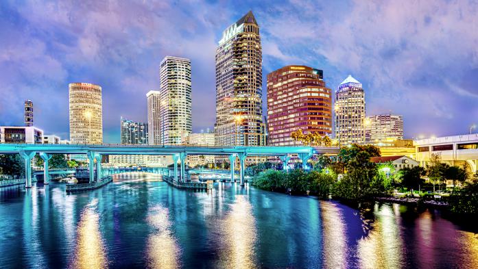Tampa overview of buildings from the water at night