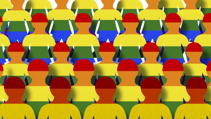 Rows of paper figures in yellow, orange, red and blue