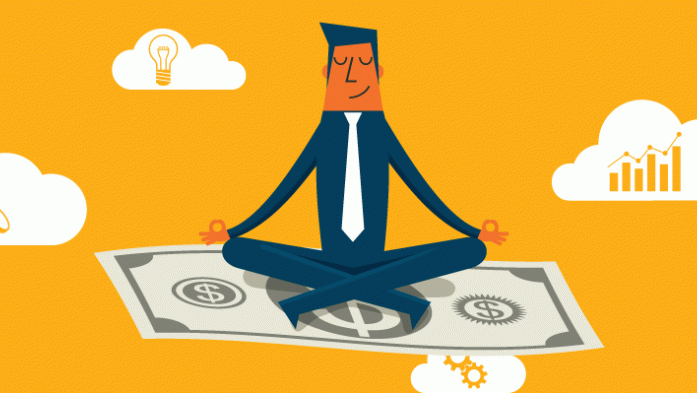 Illustration of a man sitting on a floating dollar bill with orange background and clouds of money, charts and light bulbs around him