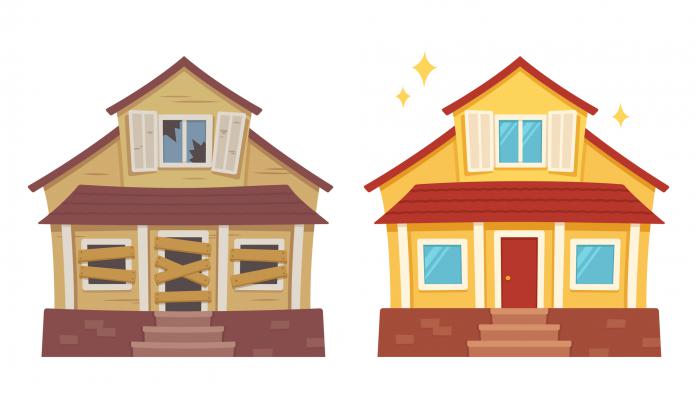 Rundown cartoon house beside an upgraded version