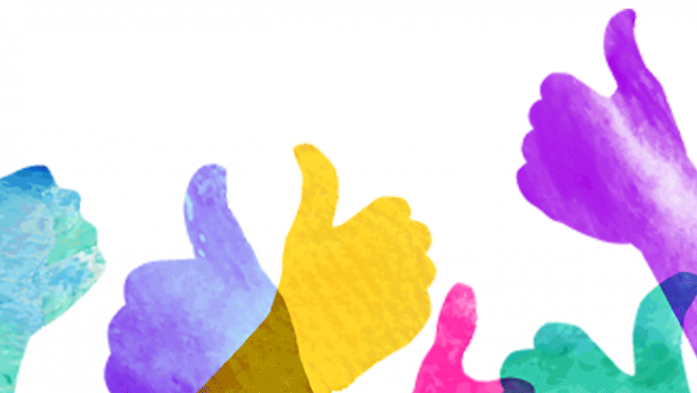 watercolor illustration of many hands making the thumbs up sign
