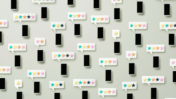 photo illustration of cell phones with dialogue bubbles with star reviews