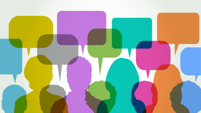 colorful illustration of dialogue bubbles and peoples heads