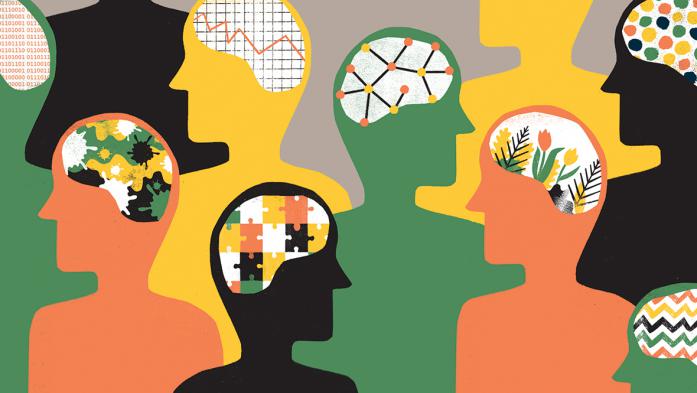 Illustration of people's heads with art inside the heads
