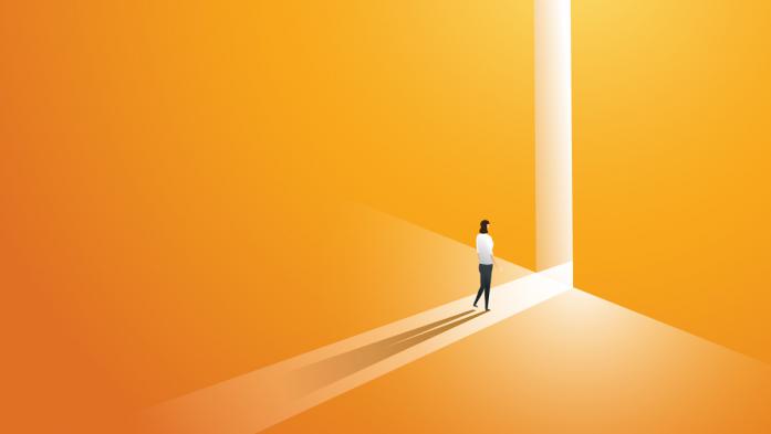 Illustration of a woman looking at an opening in an orange wall