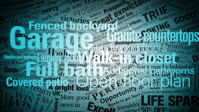 Duotone photo of a background made of words