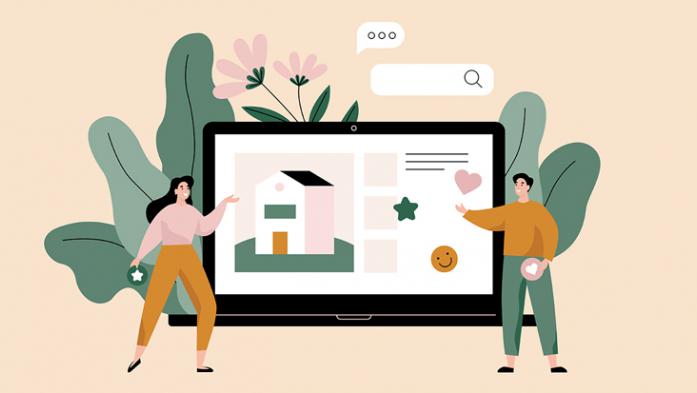 Illustration of two people looking a property listing on a computer