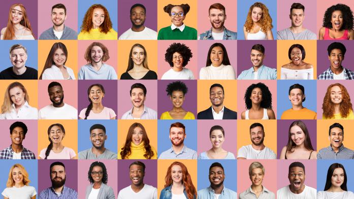 set of happy millennial people portraits on different colored backgrounds
