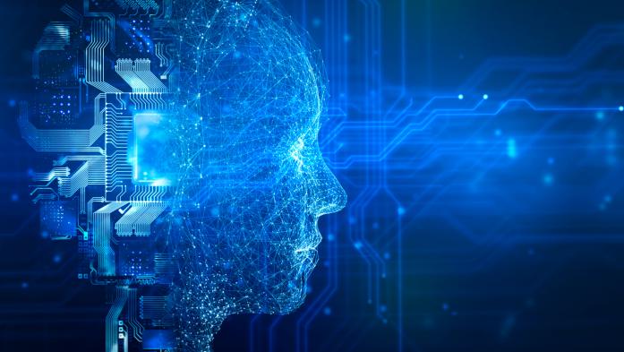 Graphic head with computer brain connects with outside worlds