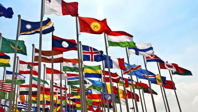 Flags of each country waving in breeze