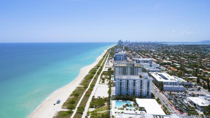 Older condos front a Florida beach