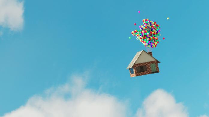 House floating in the sky and held up by balloons